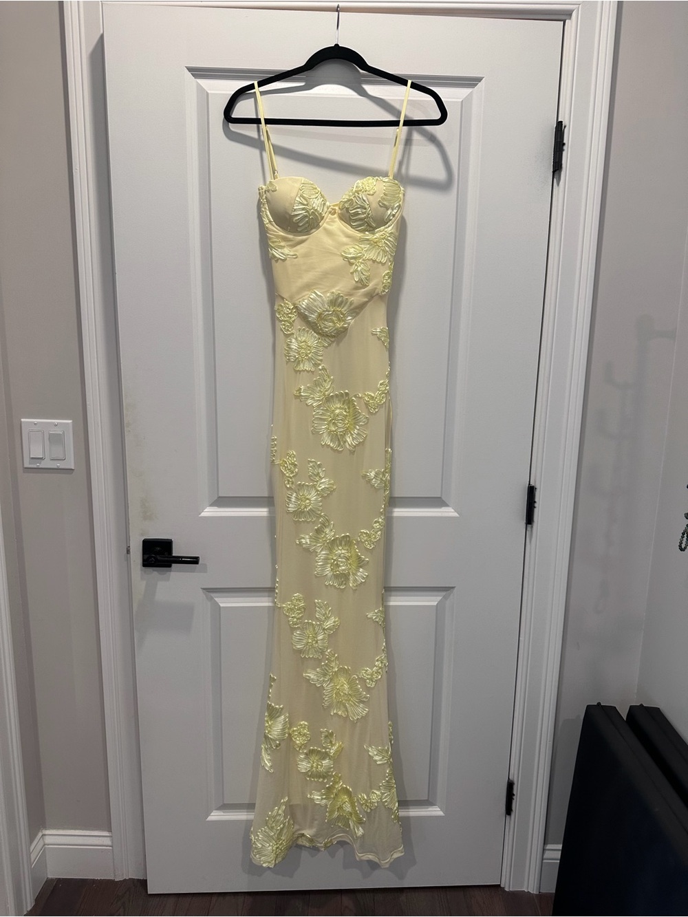 Delicate Yellow Floral Appliqué Maxi Dress